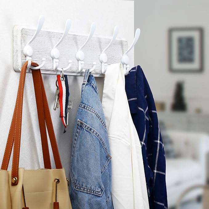 WEBI Coat Rack Wall Mount,5 Triple Hooks for Hanging Coats,16" Hole to Hole,Coat Hooks Wall Mounted,Coat Hanger Wall Hook Rack Rail for Clothes,Jacket,Farmhouse,White