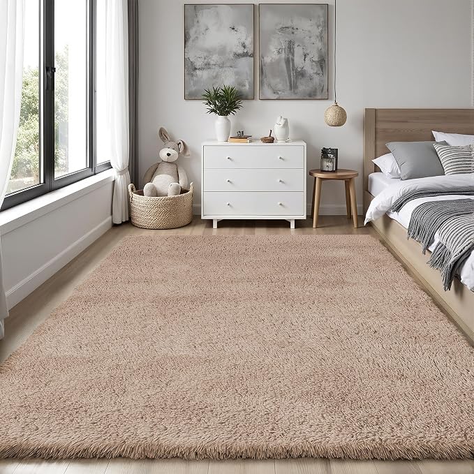Area Rug for Living Room Bedroom: 4x6 Camel Soft Fluffy Shag Upgrade Non-Slip High Pile Carpet Large Fuzzy Plush Indoor Floor Decor Shaggy Rug for Kid Boys Girls Dorms Playroom Nursery Modern Home