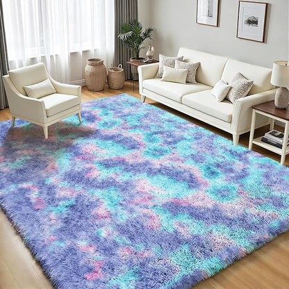 Rainbow Fluffy Rugs for Girls Bedroom: 9x12 Large Shag High Pile Area Rug Upgrade Non-Slip Plush Fuzzy Living Room Rug Shaggy Soft Indoor Floor Carpet Nursery Rugs for Kids Baby Toddler Home Decor
