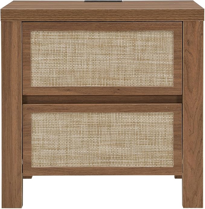XIAO WEI Set of 2 Rattan Nightstand with Charging Station, Boho Bedside Table with 2 Drawers, Farmhouse End Table for Bedroom, Wood Accent Bed Side Table with Storage, Reclaimed Caramel Oak