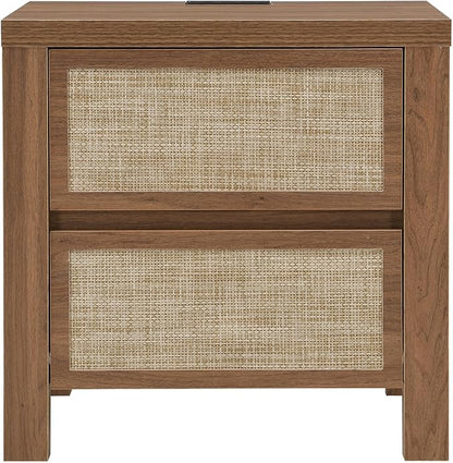 XIAO WEI Set of 2 Rattan Nightstand with Charging Station, Boho Bedside Table with 2 Drawers, Farmhouse End Table for Bedroom, Wood Accent Bed Side Table with Storage, Reclaimed Caramel Oak