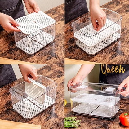 Slideep 11'' Large Food Storage Containers, Fridge Produce Saver 2 Tier Stackable Refrigerator Organizer with Lids and Removable Drain Tray Drawers Bins Baskets for Kitchen -2 Packs