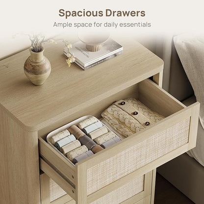 SICOTAS 4 Drawer Dresser for Bedroom-40.59'' Tall Rattan Bedroom Dressers with Oversized Drawers, Boho Wooden Chest of Drawers, Push-to-Open Storage Dresser for Closet, Nursery, Sand Oak