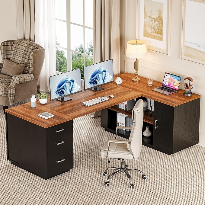 LITTLE TREE 87-Inch Modern Executive Desk with File Cabinet, Large Home Office Desk with Drawers, 3-Drawer Wooden File Cabinet, Spacious Workstation for Home Office (Brown & Black)