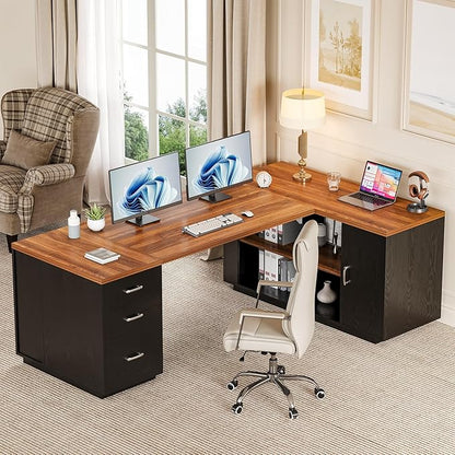 LITTLE TREE 87-Inch Modern Executive Desk with File Cabinet, Large Home Office Desk with Drawers, 3-Drawer Wooden File Cabinet, Spacious Workstation for Home Office (Brown & Black)
