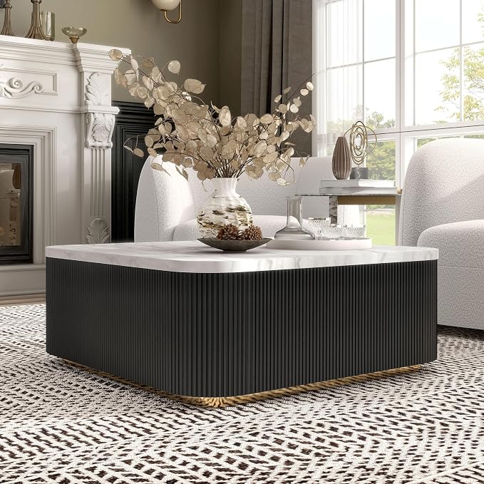 Furniture of America Beryl Modern Square White Genuine Marble Top Coffee Table with Fluted Pedestal Base and Gold Stainless Steel Accent, Low Profile Table for Living Room, Home Office, Black