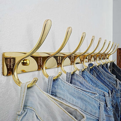 SKOLOO Wall Mounted Coat Rack - 10 Hooks, Heavy Duty, Stainless Steel, Metal Wall Hangers, Sturdy Coat Hooks for Hanging Coats, Jacket, Clothes, Hat, Bright Gold