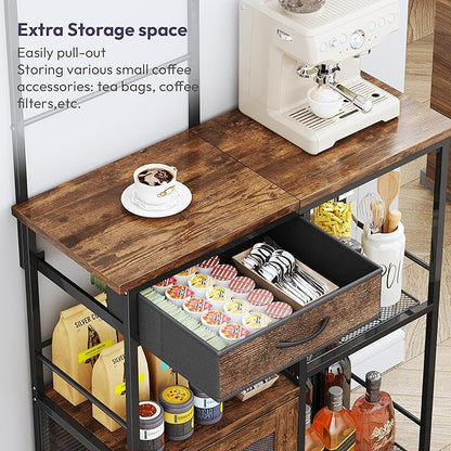 SWTYMIKI Coffee Bar with Hanging Rack - Farmhouse Coffee Stand Station Multi-Purpose Buffet Sideboard Cabinet with Drawers - Kitchen Bar Table for Living Room, Corner, Small Space, Espresso