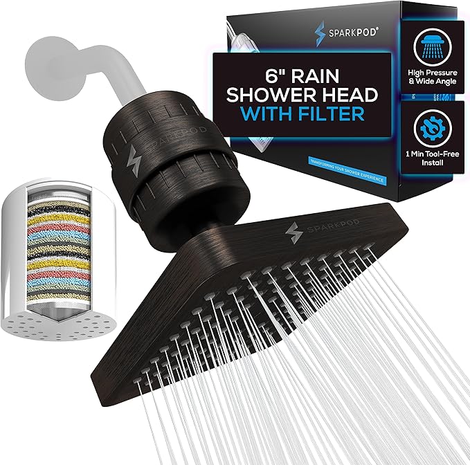 SparkPod 23-Stage Filtered Shower Head, 6" Square, Oil-Rubbed Bronze | Filtered Shower Head for Hard Water Filter, High Pressure, Reduces Chlorine, Heavy Metals, For Dry Skin & Hair