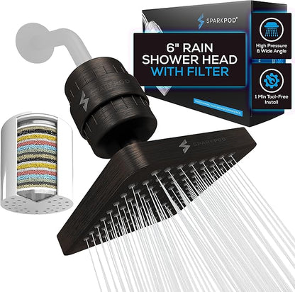 SparkPod 23-Stage Filtered Shower Head, 6" Square, Oil-Rubbed Bronze | Filtered Shower Head for Hard Water Filter, High Pressure, Reduces Chlorine, Heavy Metals, For Dry Skin & Hair