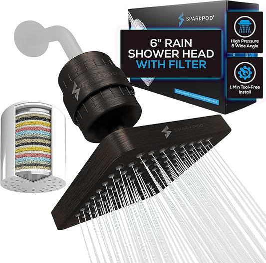 SparkPod 23-Stage Filtered Shower Head, 6" Square, Oil-Rubbed Bronze | Filtered Shower Head for Hard Water Filter, High Pressure, Reduces Chlorine, Heavy Metals, For Dry Skin & Hair