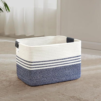 SunNewt 45L Small Laundry Basket with Leather Handles for Living Room Storage, Woven Rope Baskets Bin for Blanket, Kids Toy, Gifts, Wicker Hamper for Bedroom Dirty Clothes, 18"x14"x11" Denim Blue