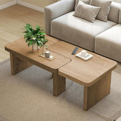 Farmhouse Coffee Table, 53-Inch Accent Center Table with Thicken Base, Multiple Layouts,Switch Between Square and Rectangular Table (Rustic Brown)