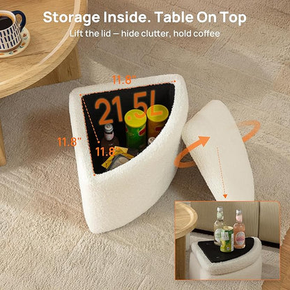 Round Coffee Table with Stools Underneath, Wood Ottoman Coffee Tables with 4 Boucle Storage Ottomans & Seats, Mid-Century Modern Coffee Table with Chairs for Living Room, Small Space, Natural&White