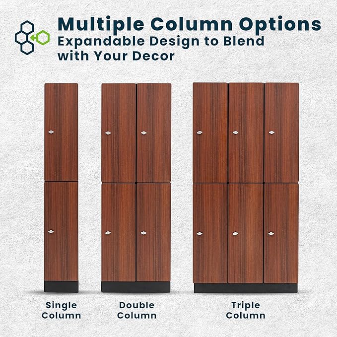 Alpine 2 Door Wooden Locker Cabinet - 72" Expandable Commercial Storage Lockers for Gym, Spa, Office & Golf Club - Includes Metal Base & Lock-Ready Handle, Single Column 2 Tier - Walnut