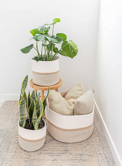OrganiHaus Large Woven Storage Basket for Blankets and Toys 20" x 13" Inch, Rope Laundry Basket with Handles, Cushions & Pillows Storage Bin, Nursery Hamper, Soft Round Dog Toy Bin - Honey Stripe