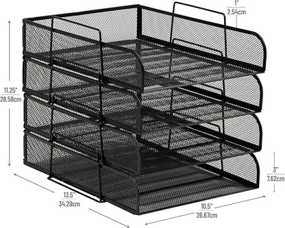 Mind Reader Stackable Paper Tray, Desktop Organizer, File Storage, Office, Metal Mesh, 10.5" L x 13.5" W x 11.25" H, 4 Pcs., Black