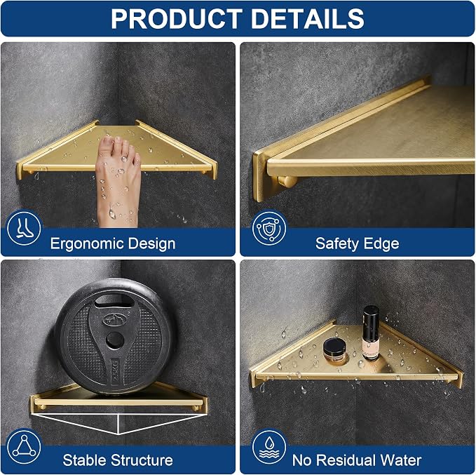 Corner Shower Foot Rest for Shaving Legs, Wall Mounted Shower Step & Shower Shelf 2 in 1, Stainless Steel Shower Foot Ledge, Heavy Duty Corner Shelf for Bathroom, Space Saving Design,Brushed Gold