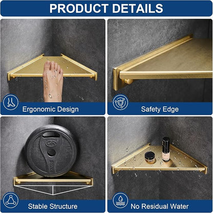 Corner Shower Foot Rest for Shaving Legs, Wall Mounted Shower Step & Shower Shelf 2 in 1, Stainless Steel Shower Foot Ledge, Heavy Duty Corner Shelf for Bathroom, Space Saving Design,Brushed Gold