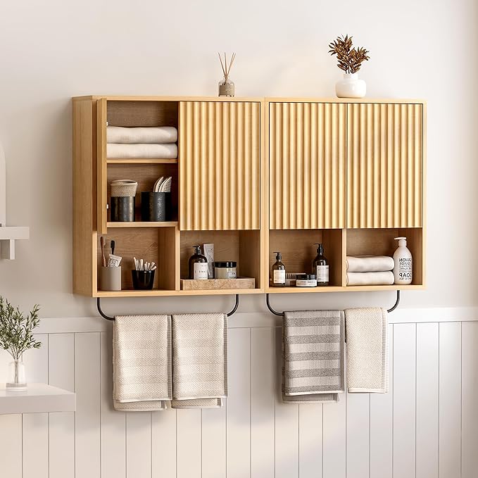 Fluted Wall Cabinets with Doors and Shelves Set of 2, Modern Medicine Cabinet Bathroom Adjustable Shelf Towel Rack Wood Storage Cabinet for Kitchen Dining Room Living Room, Natural Oak