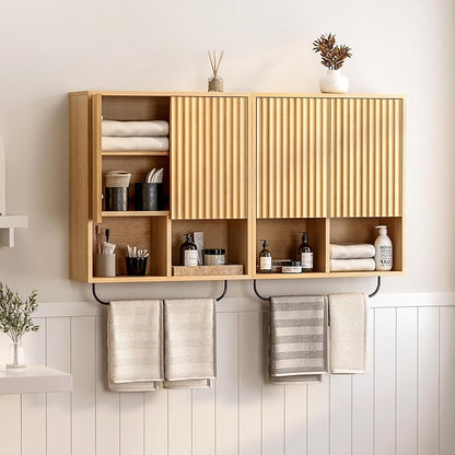 Fluted Wall Cabinets with Doors and Shelves Set of 2, Modern Medicine Cabinet Bathroom Adjustable Shelf Towel Rack Wood Storage Cabinet for Kitchen Dining Room Living Room, Natural Oak