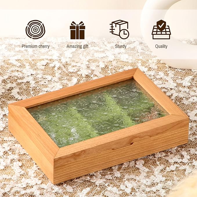Wooden Jewelry Box for Women, Medium Size Natural Solid Cherry Wood Vintage Trinket Organizer with Large Storage, Ring Compartments, Built in Necklace Hooks, Glass Lid, ek06-m-cherry