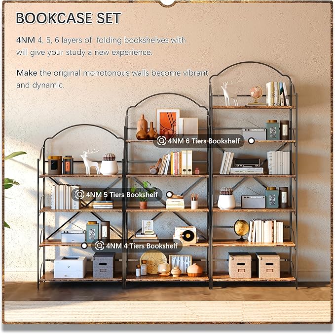 4NM No Assembly Folding Bookshelf for Living Room, 6 Tiers Collapsible Book Shelves Open Industrial Foldable Bookcase Storage Shelf for Home Office - Rustic Brown Black
