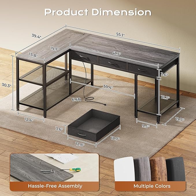 PRAISUN 55 Inch L Shaped Office Desk with Power Outlets and Type-C Port, Large Computer Gaming Desk with 3 Fabric Drawers, Mesh Shelves, Corner Study Work Writing Desk, Grey
