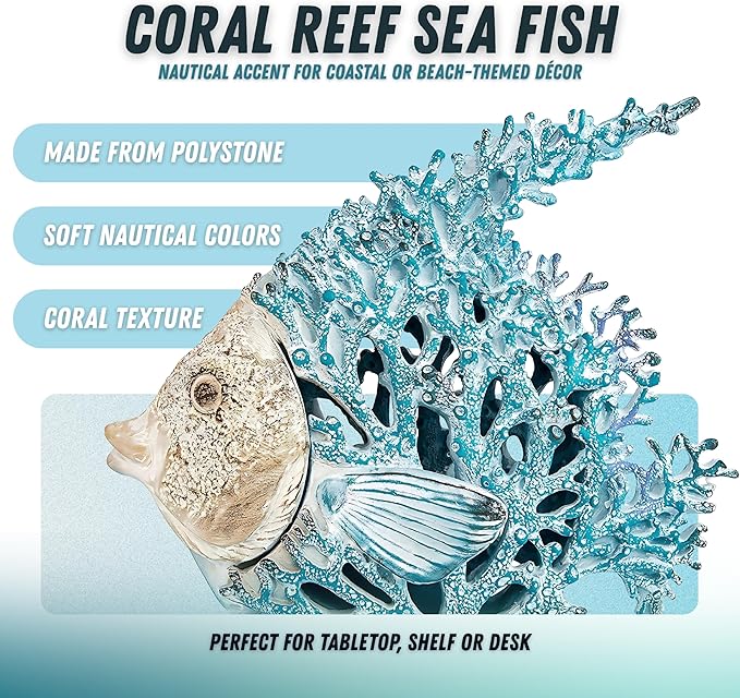 Ocean Decor Coral Reef Angelfish Sculpture Beach Home Decor Coastal Tabletop Collection 12 in x 11 in (Turquoise)