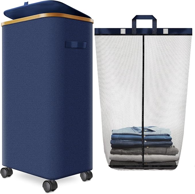 Laundry Hamper with Wheels,29 Gal (110L) Laundry Basket with lid Rolling Clothes Hamper Foldable Dirty Clothes Basket on wheels with Bamboo Frame and Bag for Bedroom, Dorm, Laundry Room-Blue