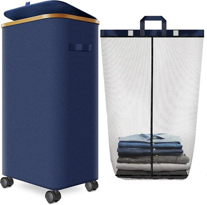 Laundry Hamper with Wheels,29 Gal (110L) Laundry Basket with lid Rolling Clothes Hamper Foldable Dirty Clothes Basket on wheels with Bamboo Frame and Bag for Bedroom, Dorm, Laundry Room-Blue