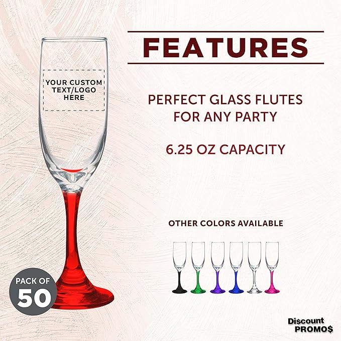 DISCOUNT PROMOS Custom Premiere Champagne Flutes 6.25 oz. Set of 50, Personalized Bulk Pack - Elegant Drinkware for Weddings, Events, & Promotional Gifts - Red