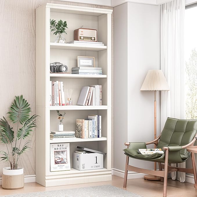 72 in Tall Bookcase, 31.3 in Wide Floor Standing Bookshelf, Open Storage 5-Shelf Bookshelves, Cream White Large Indoor Furniture for Home Office School Library Living Room Bedroom