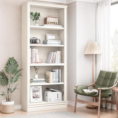 72 in Tall Bookcase, 31.3 in Wide Floor Standing Bookshelf, Open Storage 5-Shelf Bookshelves, Cream White Large Indoor Furniture for Home Office School Library Living Room Bedroom