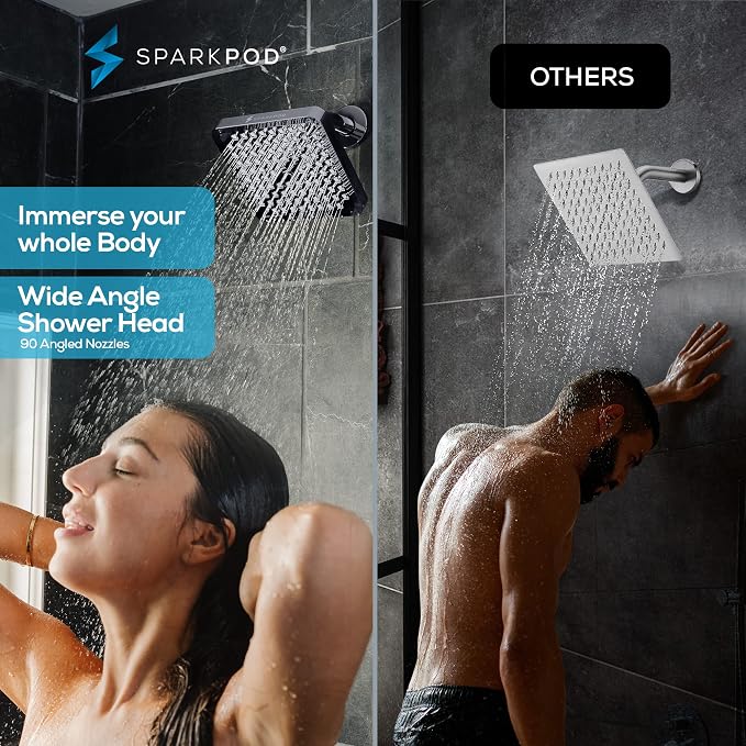 SparkPod Rain Shower Head, 6 Inch Square | High Pressure Shower Heads, 90 Nozzle (Touch-to-Clean), Adjustable Showerhead, No-tool Universal Connection