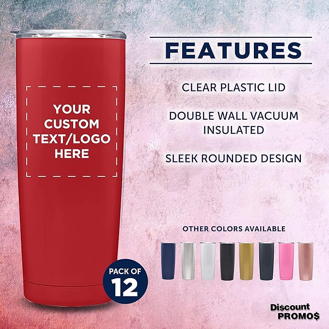 Custom Pipette Stainless Steel Coffee Tumblers 20 oz. Set of 12, Personalized Bulk Pack - Double Wall, Perfect for Coffee, Hot Cocoa, Other Hot & Cold Beverages - Red