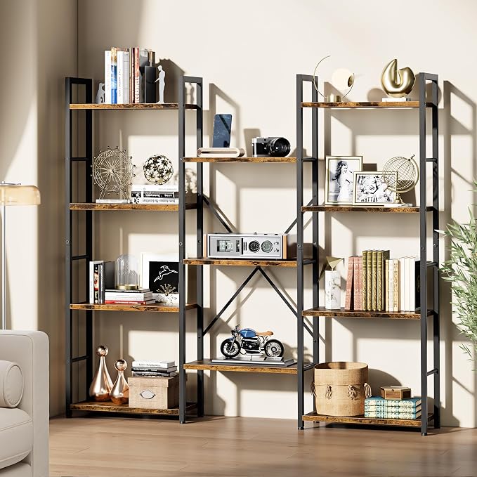 Shintenchi Triple Column 4 Tier Bookshelf, Industrial Large Bookcase Display Shelves, Large Etagere Bookshelf,Wide Book Shelf Book Case for Home & Office, Rustic Brown
