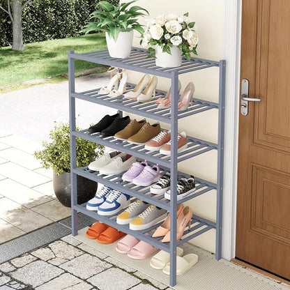 Smiry Bamboo Shoe Rack, 5 Tier Free Standing Wooden Shoe Organizer, Stackable Wood Shoe Storage Shelf for Closet, Entryway, 14 Vertical Slats, 2+2+1 Stack Heavy-Duty Legs, 26.8"x11"x32.5", Grey