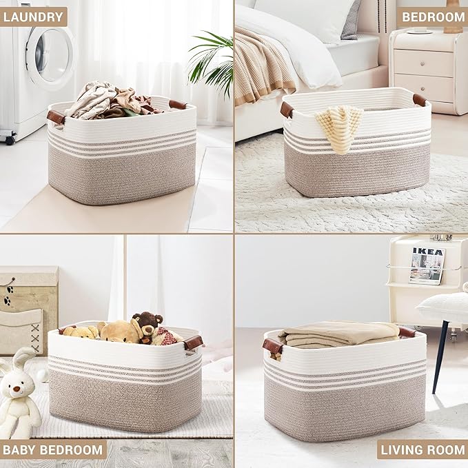 SunNewt 86L Extra Large Laundry Basket with Leather Handles for Living Room Storage, Woven Rope Baskets for Blanket, Kids Toy, Gifts, Wicker Hamper for Bedroom Dirty Clothes, 24"x16"x14" White Brown