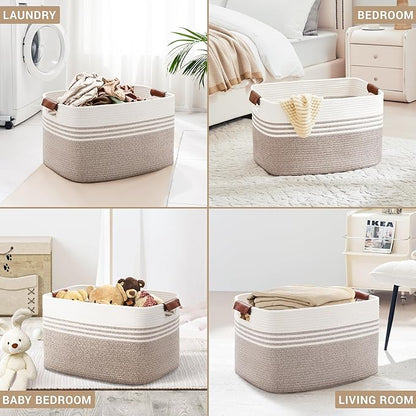 SunNewt 86L Extra Large Laundry Basket with Leather Handles for Living Room Storage, Woven Rope Baskets for Blanket, Kids Toy, Gifts, Wicker Hamper for Bedroom Dirty Clothes, 24"x16"x14" White Brown