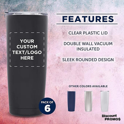 Custom Pipette Stainless Steel Coffee Tumblers 20 oz. Set of 6, Personalized Bulk Pack - Double Wall, Perfect for Coffee, Hot Cocoa, Other Hot & Cold Beverages - Black