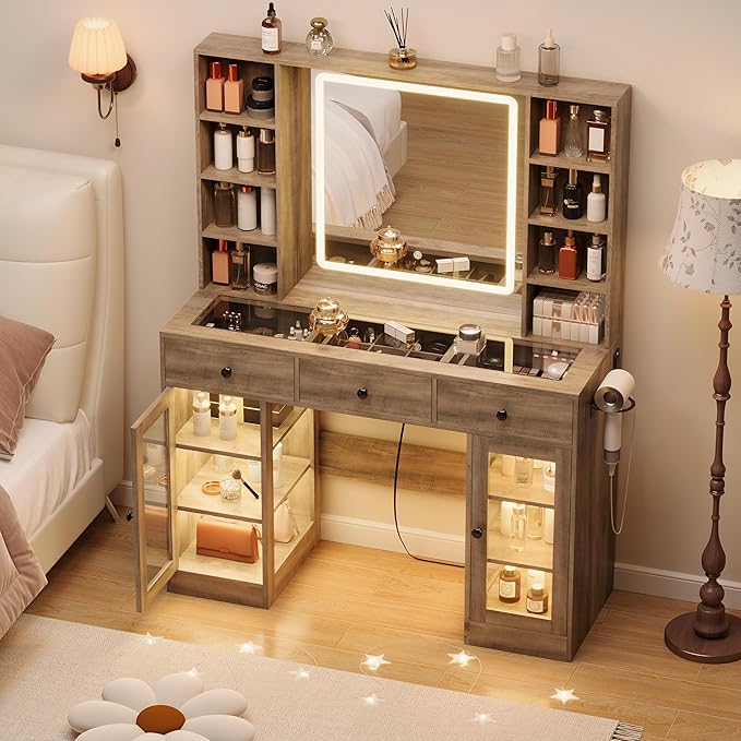 Grey Vanity Desk with Mirror and Lights, 43.4" Makeup Vanity Table Set with Lighted Mirror & RGB Glass Cabinet, 3 Drawers, Glass Top Dressing Table with Large Shelves for Girls, 3 Color Modes