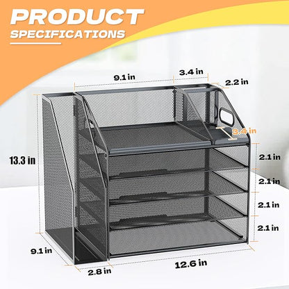 DocNest 5 Tier Paper Letter Tray File Organizer, Mesh Desk File with Handle, Workspace Desk Organizers with Pen Holder, Office Organization Storage Accessories - Black