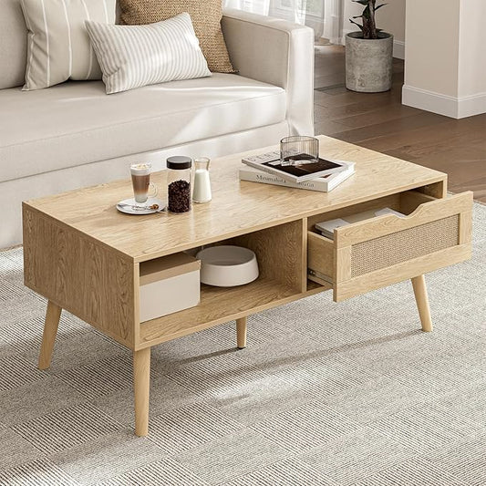 ZttRiee Coffee Table with Storage, Boho Dining Table with Rattan Drawer and Solid Wood Legs, Small Coffee Tables for Living Room, Oak