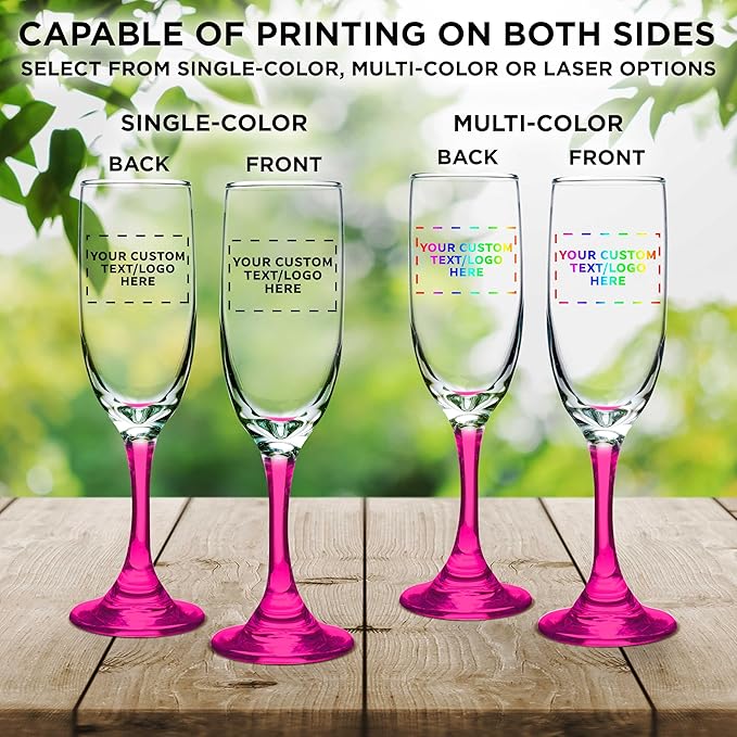 DISCOUNT PROMOS Custom Premiere Champagne Flutes 6.25 oz. Set of 10, Personalized Bulk Pack - Elegant Drinkware for Weddings, Events, & Promotional Gifts - Pink