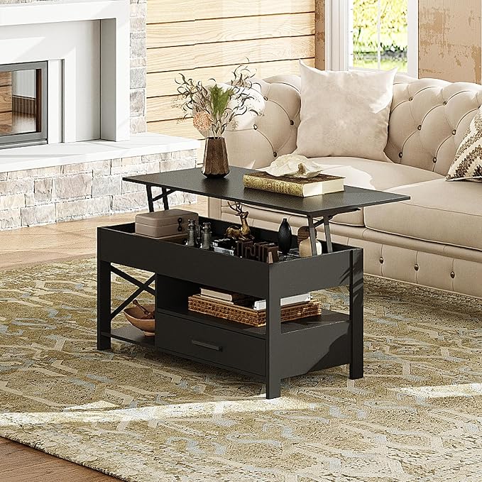 WLIVE Coffee Table, 39" Lift Top Coffee Table with Hidden Compartment, Storage Drawers and Storage Shelf for Living Room, Reception Room, Black
