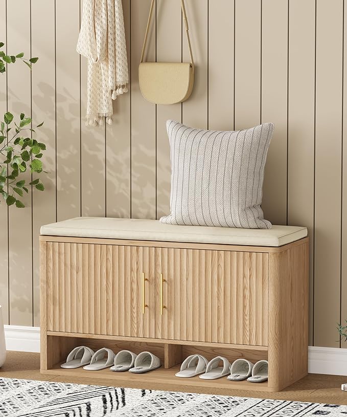 Fluted Shoe Storage Bench with Cushion, 3-Tier Entryway Bench with Adjustable Shelves and Open Bottom Shelf, Hidden Shoe Organizer Cabinet, for Hallway, Living Room, Bedroom, Natural Oak