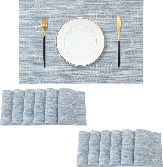 Leetaltree Jacquard Blue Placemats Set of 12 - Heat Resistant Non-Slip Place mats for Dining Table, Washable Durable PVC Vinyl Woven Table Mats（Jacquard Blue, 12）