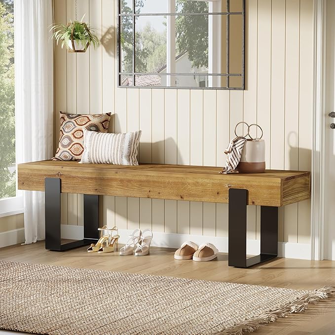 Solid Wooden Entryway Bench, 63" Farmhouse Indoor Shoe Bench with Metal Legs, Industrial Long End of Bed Stool with Seating for Entry, Hallway, Porch, Living Room, Mudroom, Easy Assembly