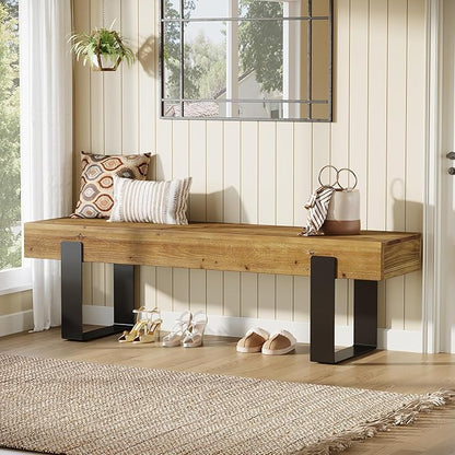 Solid Wooden Entryway Bench, 63" Farmhouse Indoor Shoe Bench with Metal Legs, Industrial Long End of Bed Stool with Seating for Entry, Hallway, Porch, Living Room, Mudroom, Easy Assembly